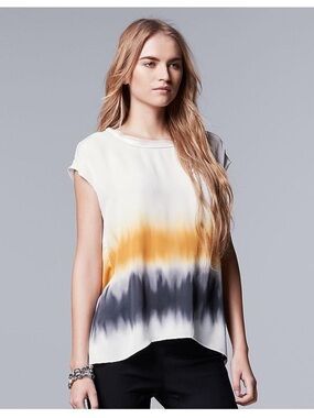 Simply Vera Vera Wang White Tie-Dye Cap Sleeve Top with Yellow and‎ Gray Bands
